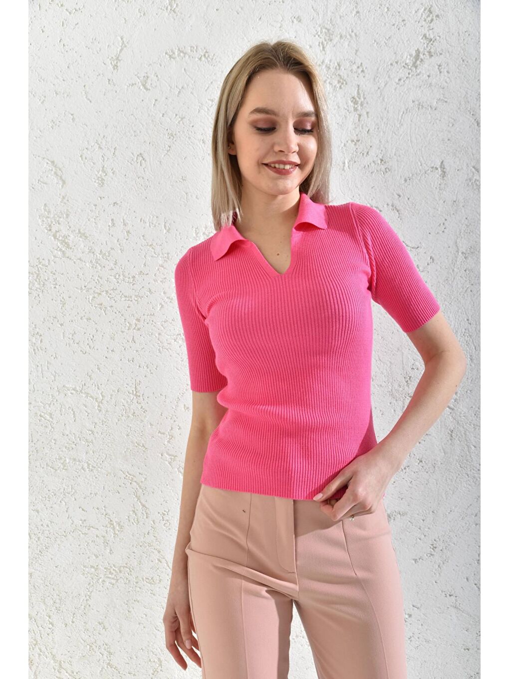 Fuşya Kadın Polo Yaka Kısa Kol Basic Triko Bluz-3