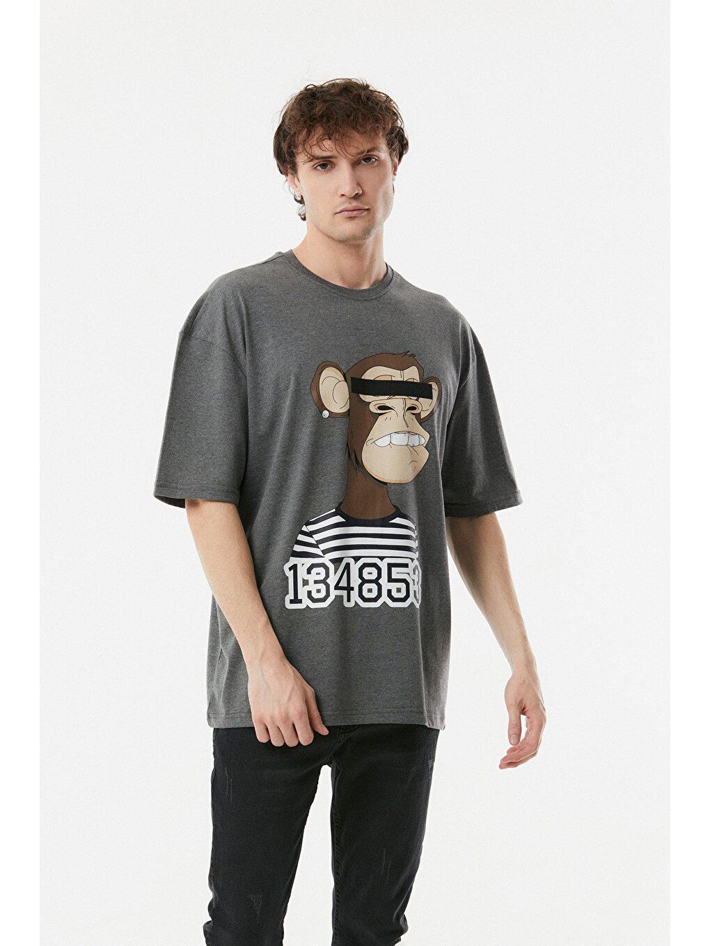 Antrasit Baskılı Bisiklet Yaka Oversize Tişört