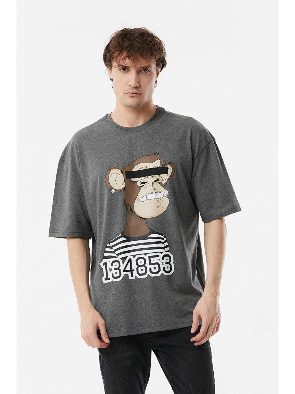 Antrasit Baskılı Bisiklet Yaka Oversize Tişört-1