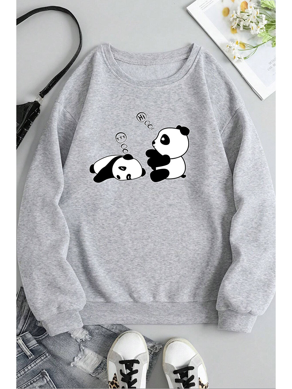 uyguntarz Gri Unisex Uykucu Panda Baskılı Bisiklet Yaka Sweatshirt