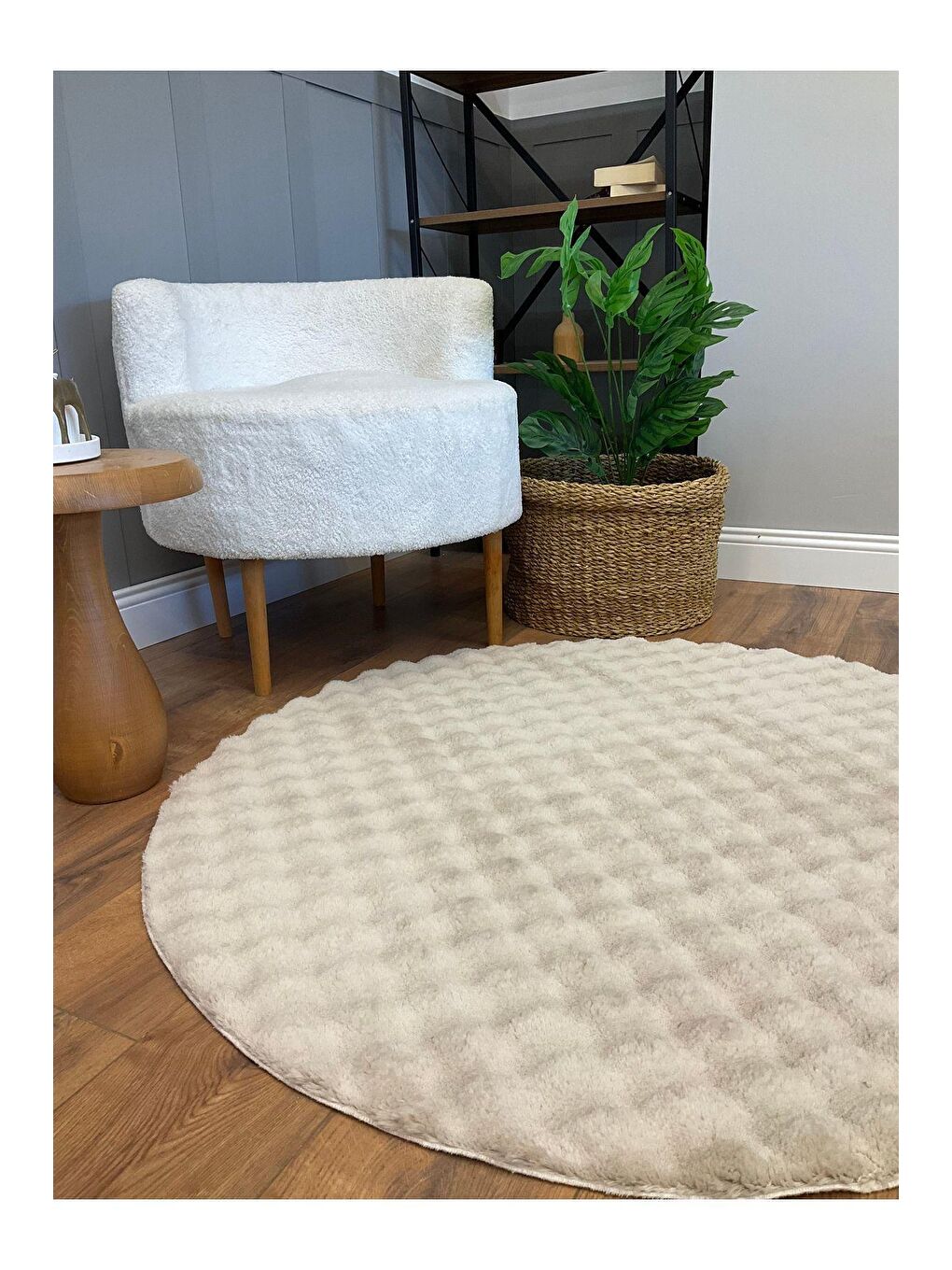 Bej Puffy Bubble Tavşan Yuvarlak Kumbeji Halı 120x120