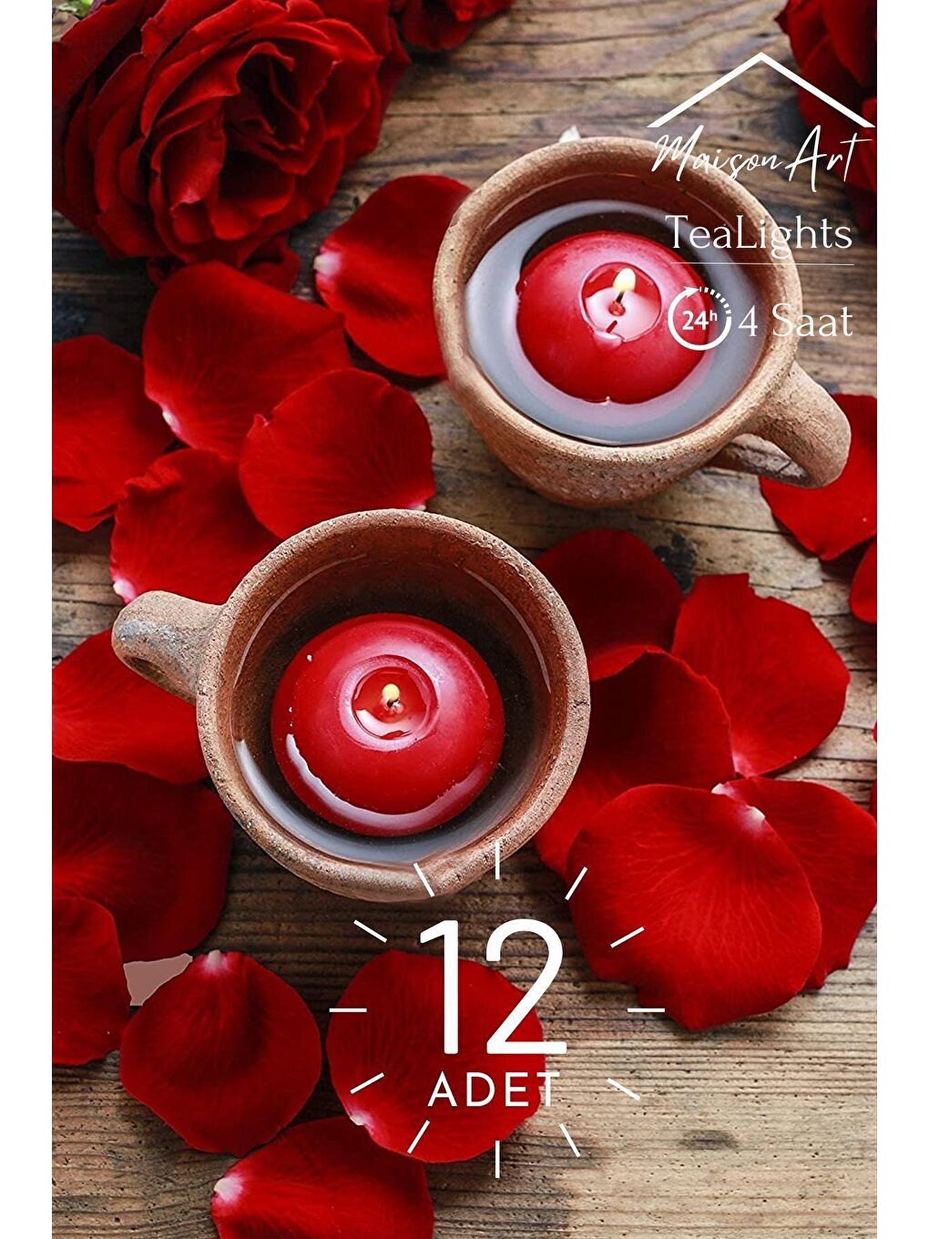 Float | Kırmızı 12 Adet Yüzen Mum | 4 Saat Yanan Tea Light Mum | Kokusuz Terapi Mumu