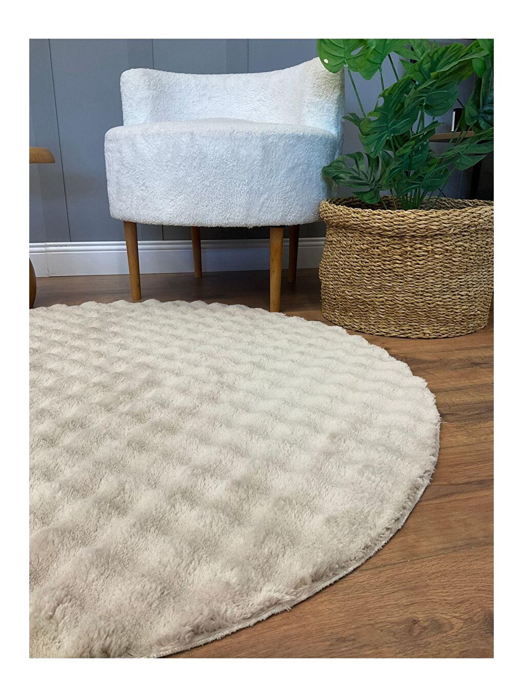 Bej Puffy Bubble Tavşan Yuvarlak Kumbeji Halı 120x120-1