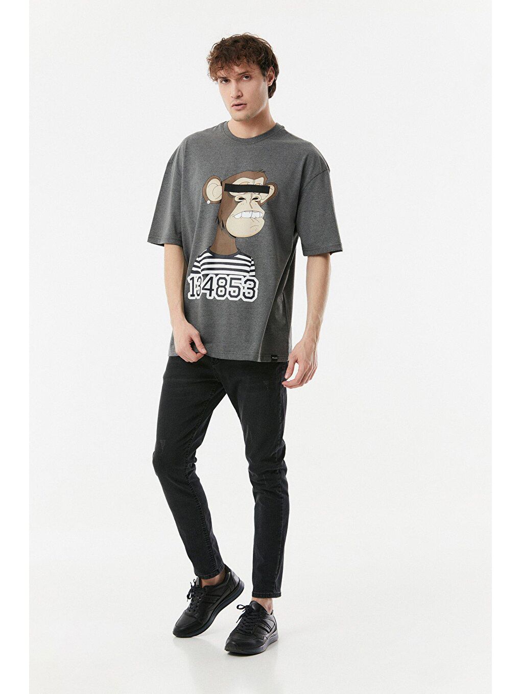 Antrasit Baskılı Bisiklet Yaka Oversize Tişört-2