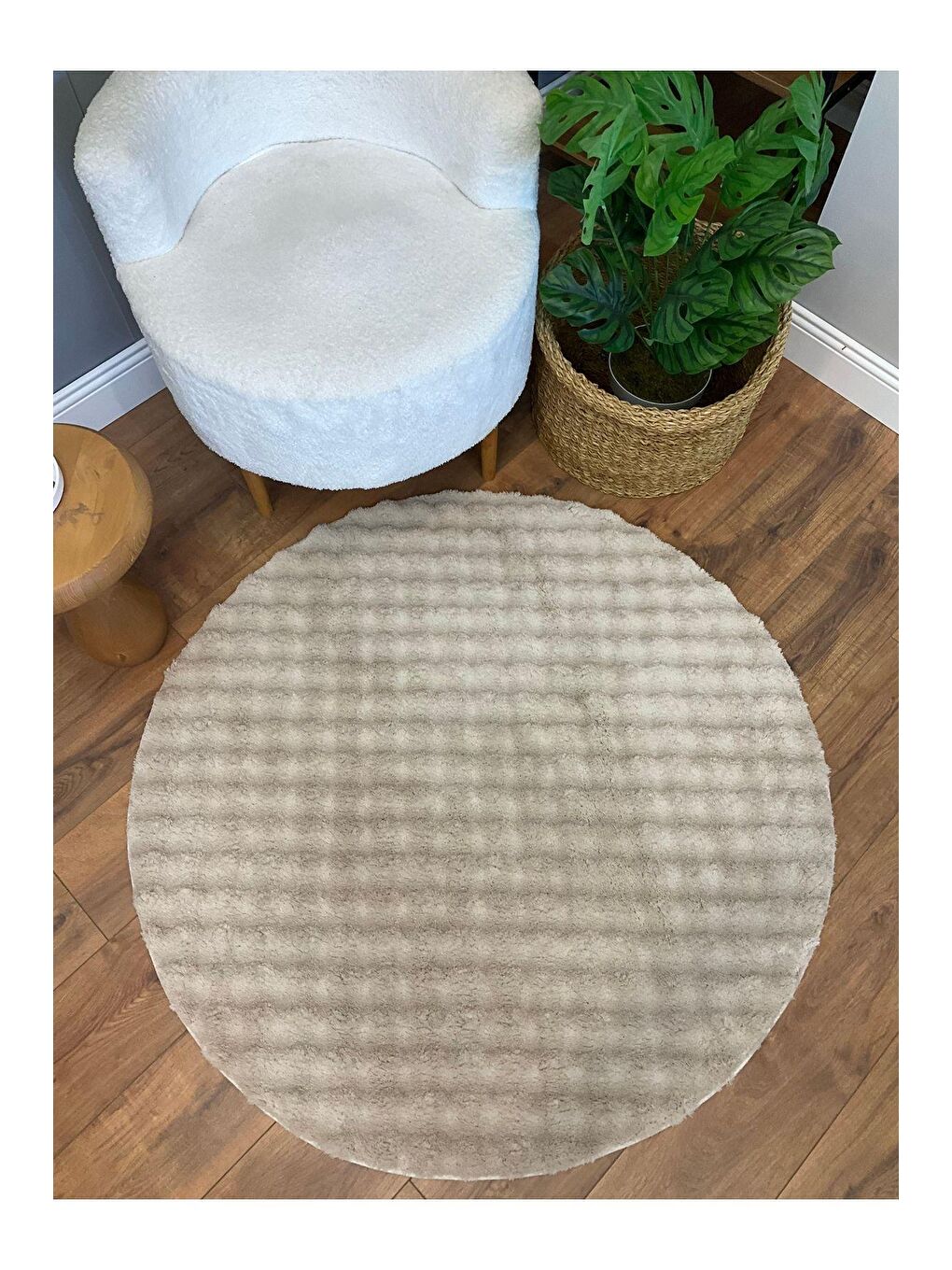 Bej Puffy Bubble Tavşan Yuvarlak Kumbeji Halı 120x120-2