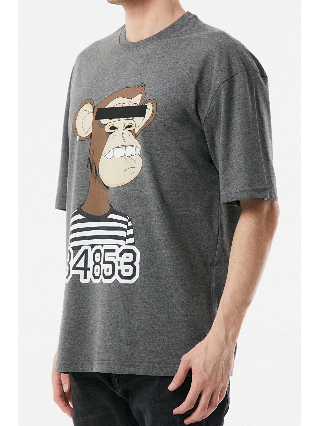 Antrasit Baskılı Bisiklet Yaka Oversize Tişört-3