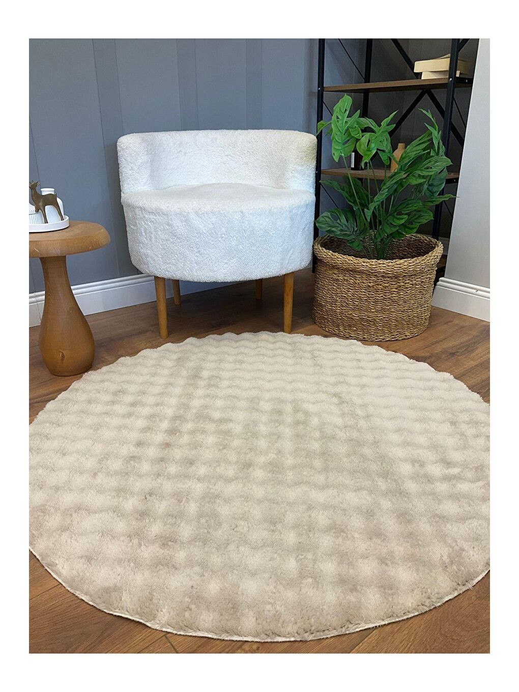 Bej Puffy Bubble Tavşan Yuvarlak Kumbeji Halı 120x120-5