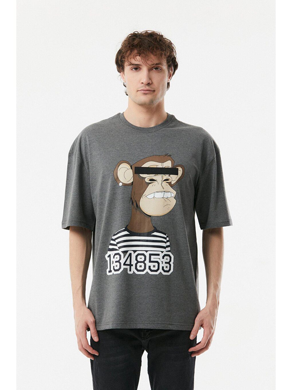 Antrasit Baskılı Bisiklet Yaka Oversize Tişört-4