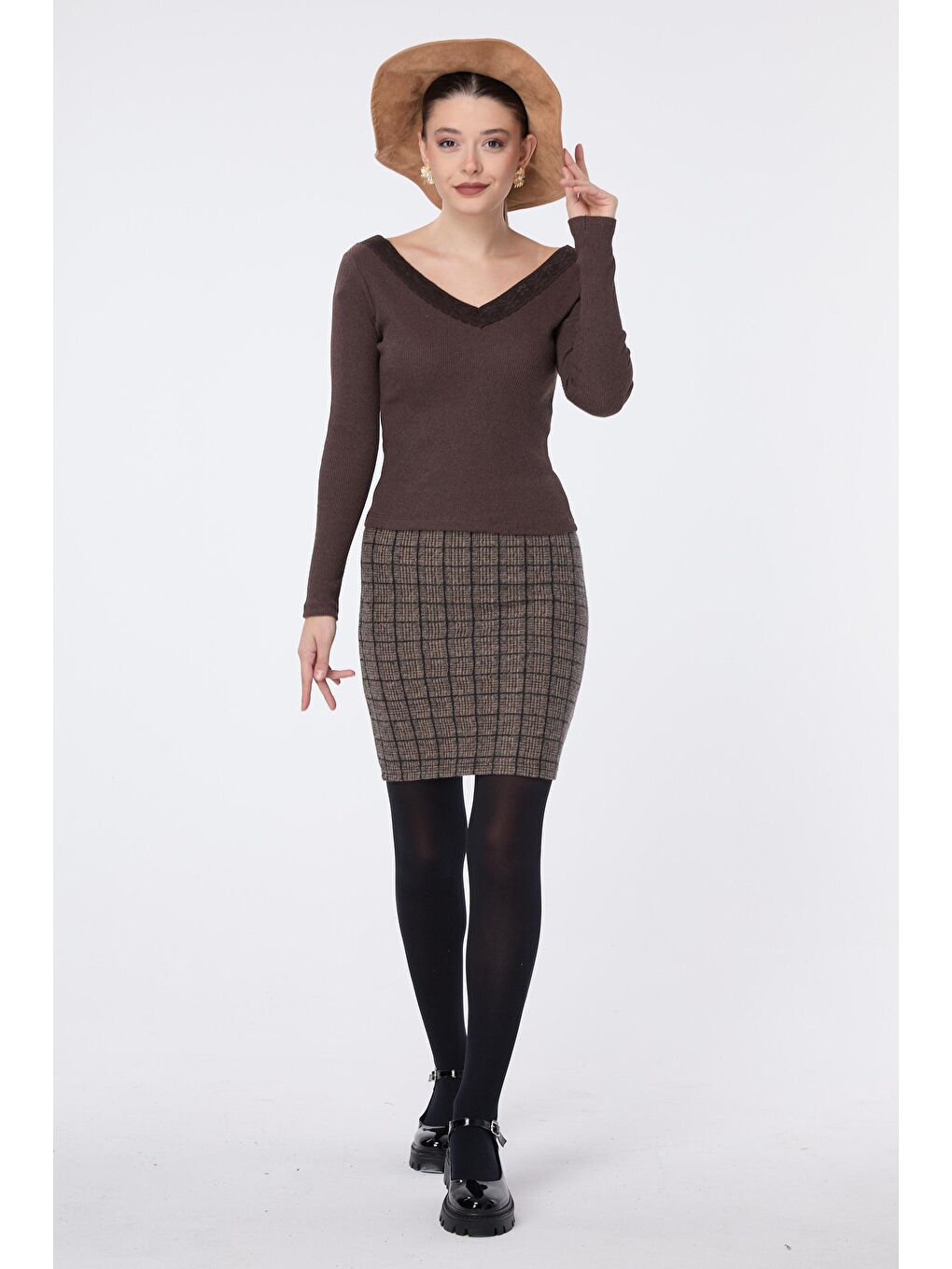 Kruvaze Yaka Kadın Kahverengi Bluz - 23752