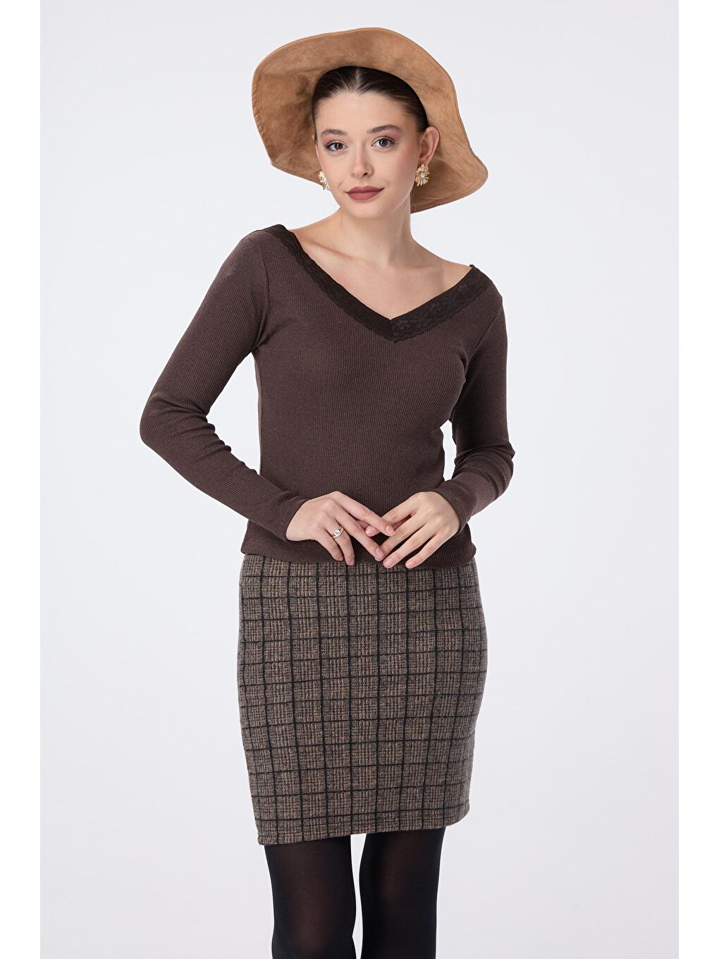 Kruvaze Yaka Kadın Kahverengi Bluz - 23752-1