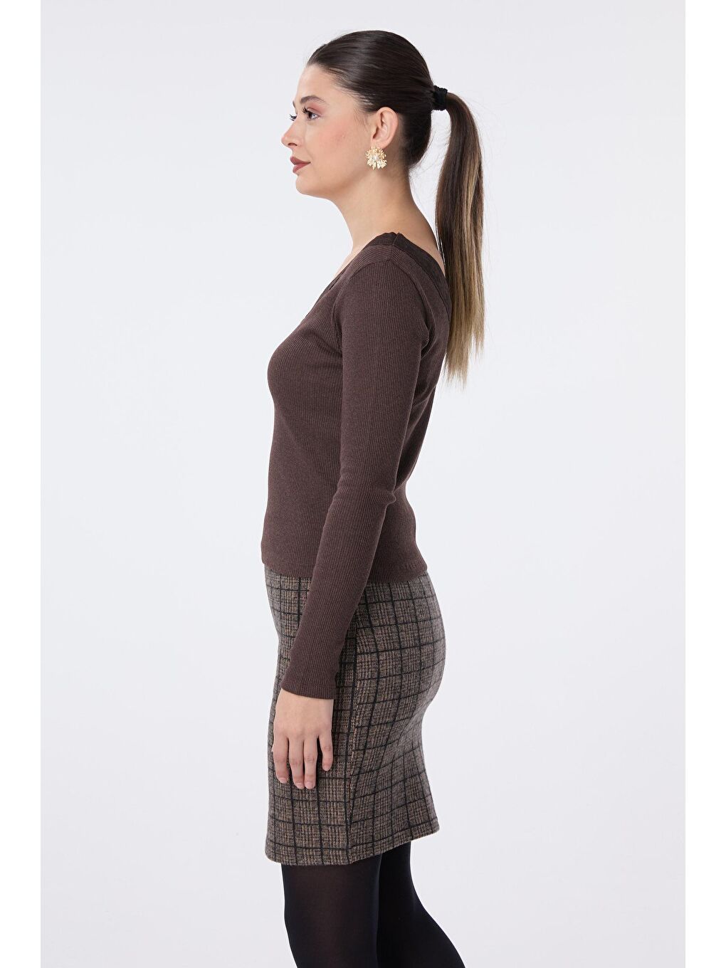 Kruvaze Yaka Kadın Kahverengi Bluz - 23752-2