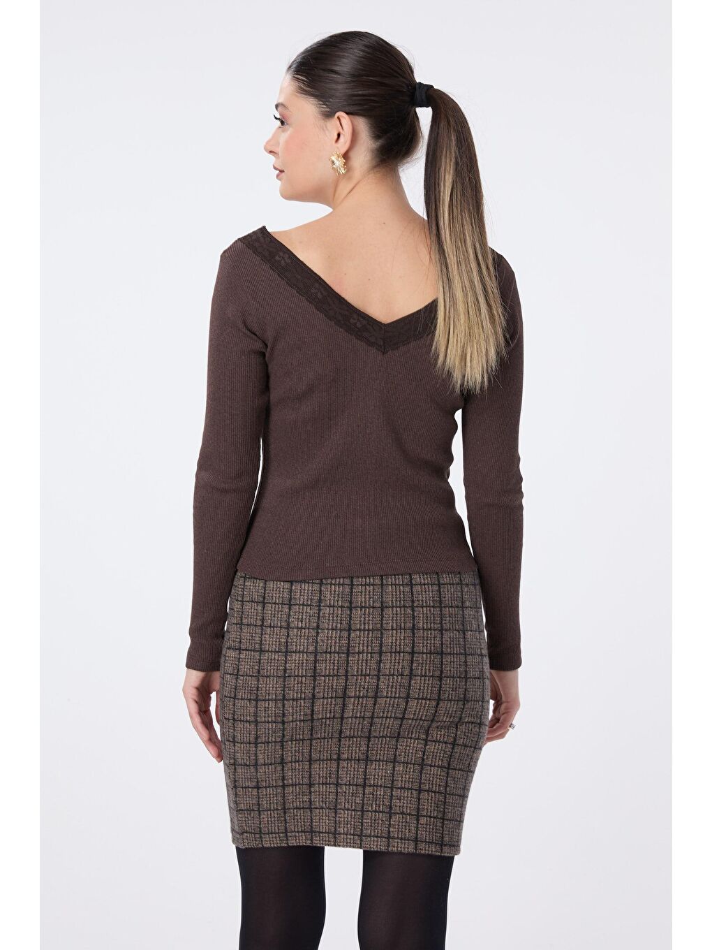 Kruvaze Yaka Kadın Kahverengi Bluz - 23752-3