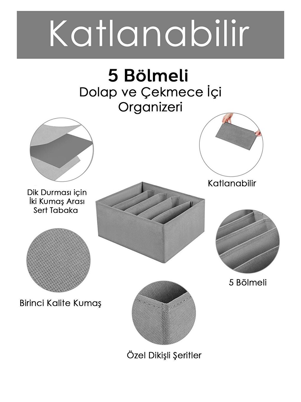 Meleni Home Gri 5 Adet 5 Bölmeli Çekmece Içi Düzenleyici, Dolap Çamaşır Düzenleyici, Saklama Kutusu Organizer - 1