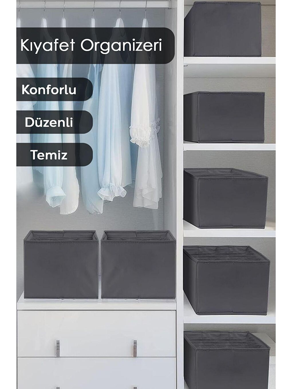 Meleni Home Gri 5 Adet 5 Bölmeli Çekmece Içi Düzenleyici, Dolap Çamaşır Düzenleyici, Saklama Kutusu Organizer - 4