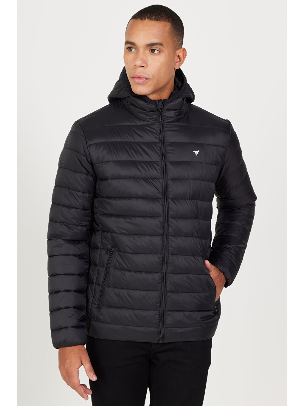 Erkek Siyah Standart Fit Normal Kesim Kapüşonlu Mont