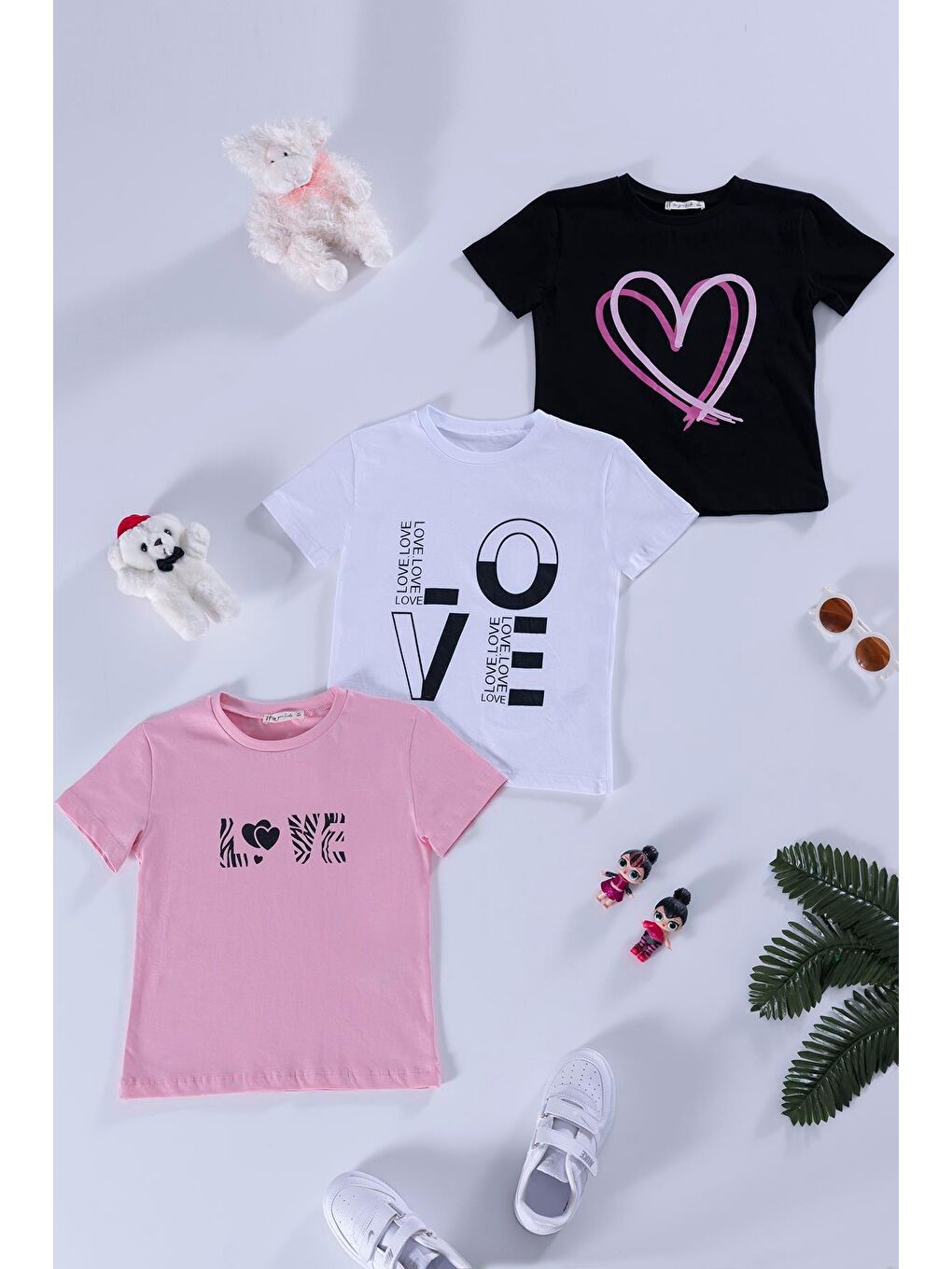 For You Kids Siyah-Beyaz-Pembe 3'lü Love Baskılı Siyah Pembe Beyaz Tshirt