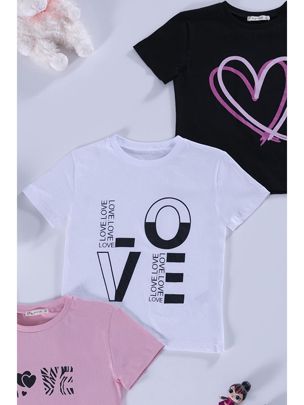 For You Kids Siyah-Beyaz-Pembe 3'lü Love Baskılı Siyah Pembe Beyaz Tshirt - 1