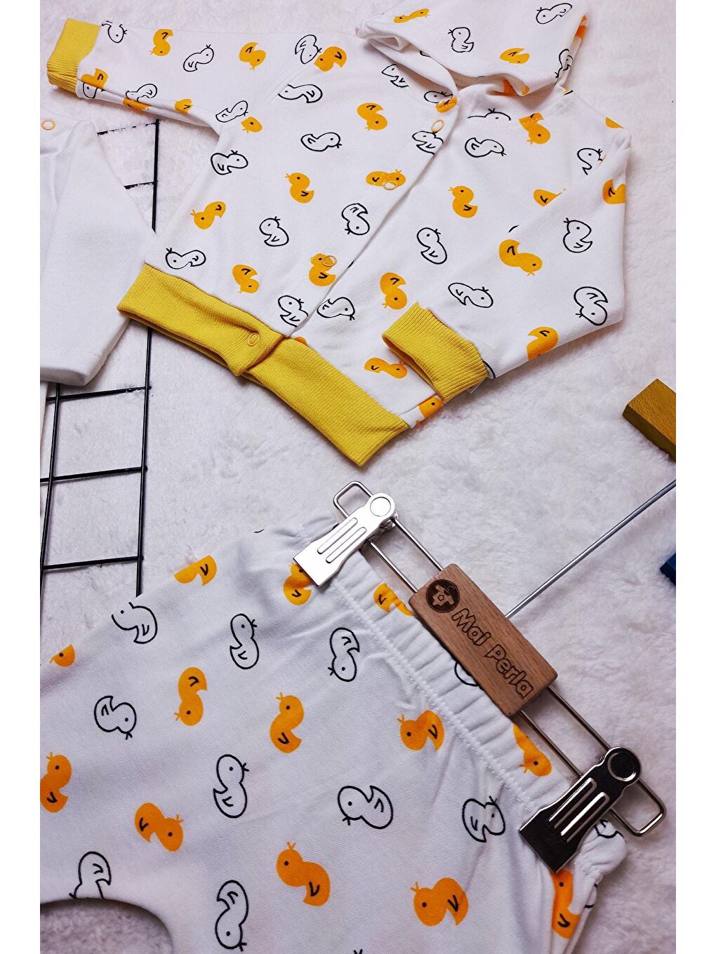 Sarı Civciv Baskılı 3'lü Unisex Bebek Takım-1