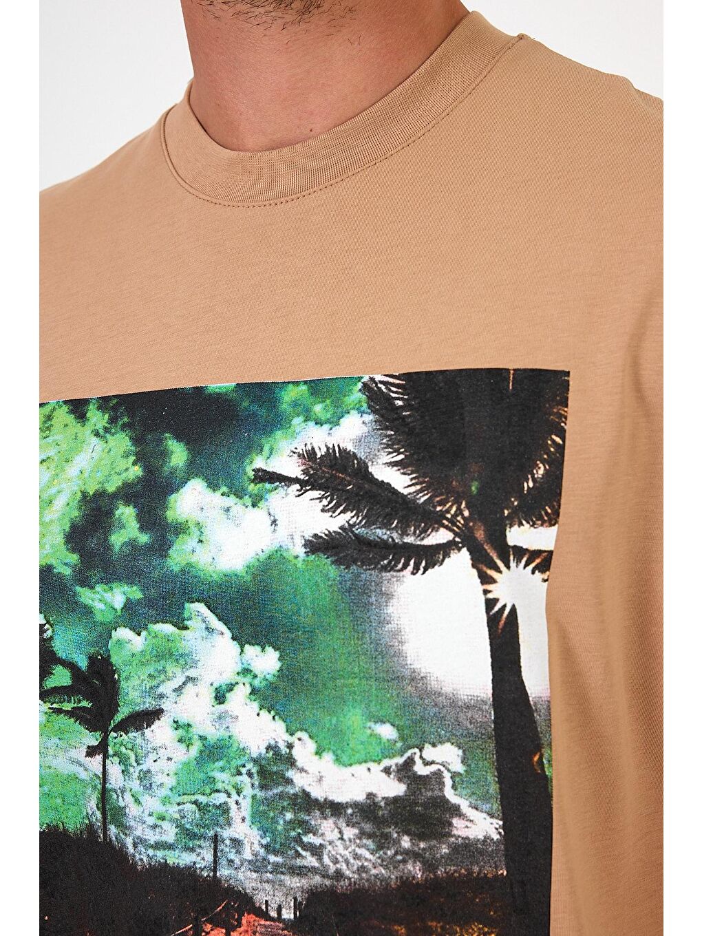 Bej Bisiklet Yaka Hawaıı Baskılı Erkek Tişört 7021-2
