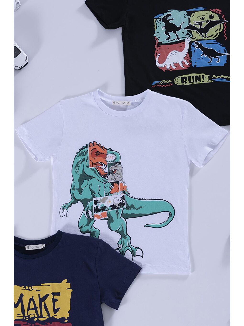 For You Kids Siyah 3'lü Dinozor Baskılı Siyah Lacivert Beyaz Tshirt - 1