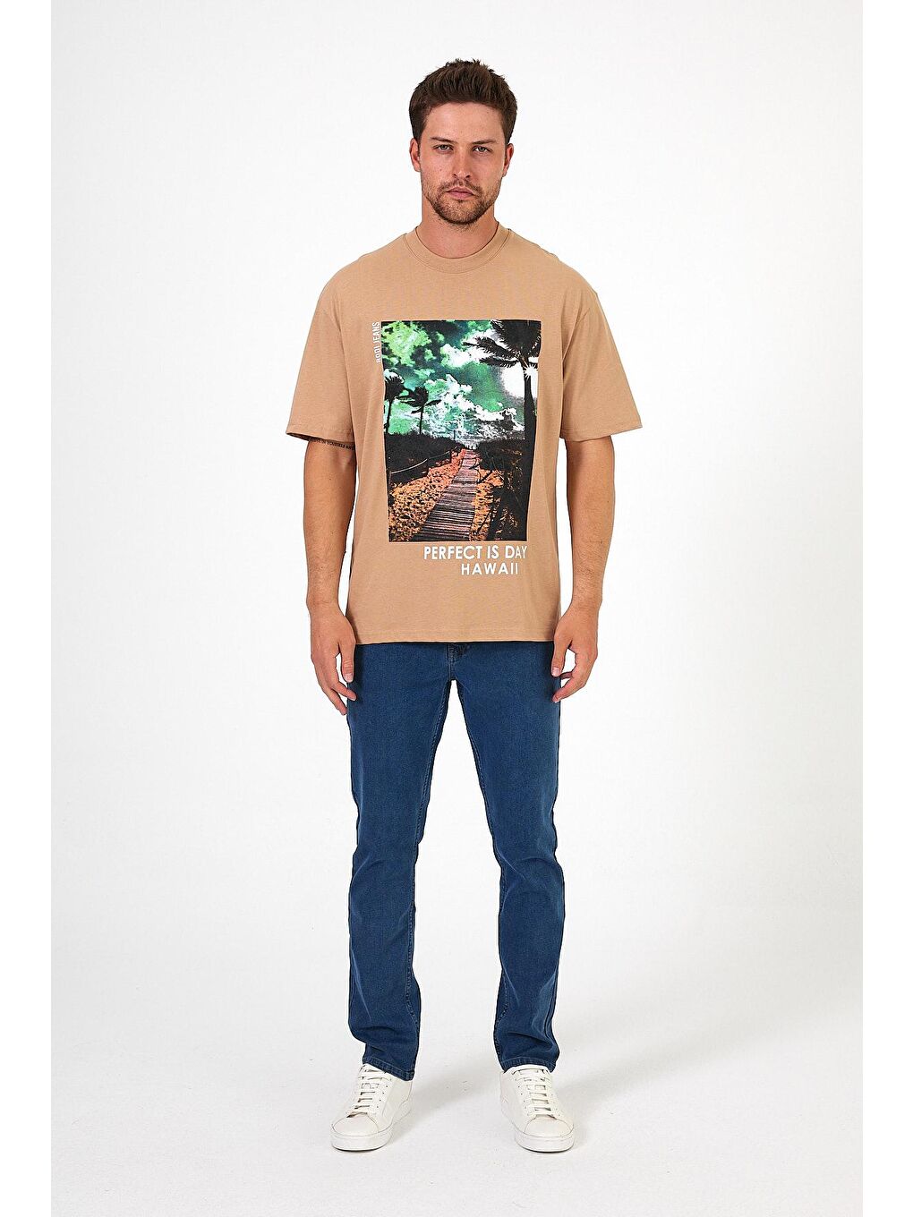 Bej Bisiklet Yaka Hawaıı Baskılı Erkek Tişört 7021-4