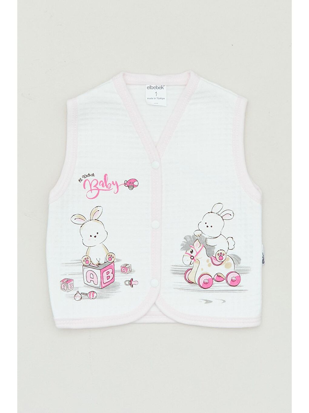 Pembe Tavşan Baskılı Unisex Çocuk Çıt Çıtlı Yelek