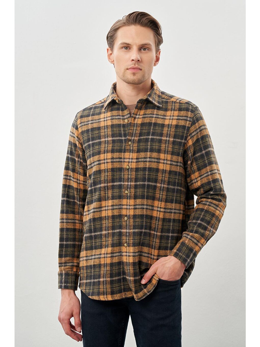 Sarı Hardal Yünlü Ekose Desen Yumuşak Yaka Cepsiz Uzun Kol Casual Comfort Fit Gömlek 1004245227