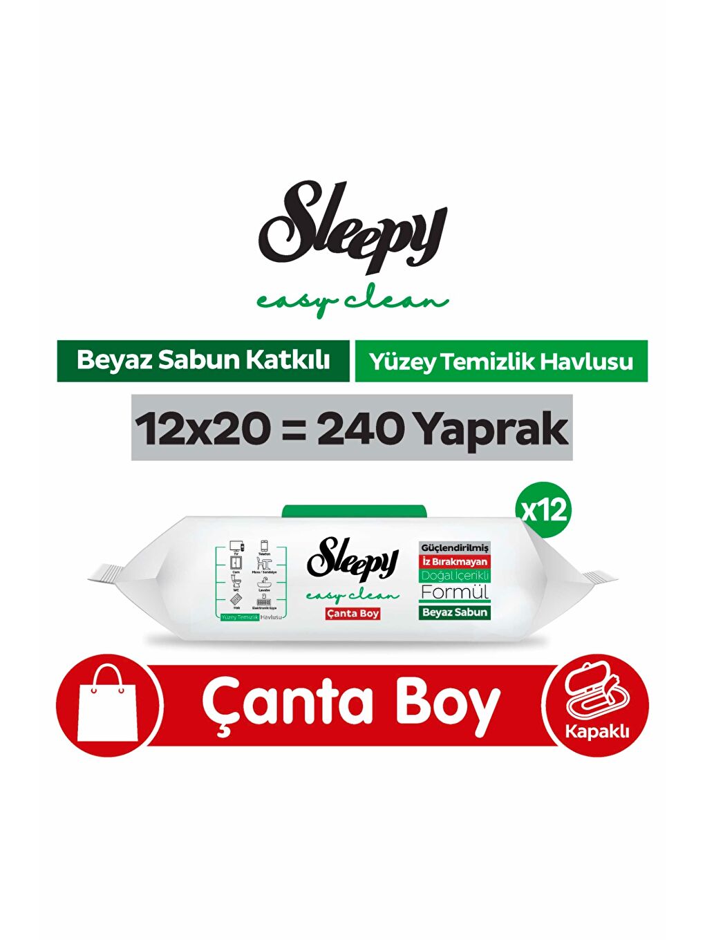 Easy Clean Beyaz Sabun Katkılı Yüzey Temizlik Havlusu Çanta Boy 12x20 (240 Yaprak)
