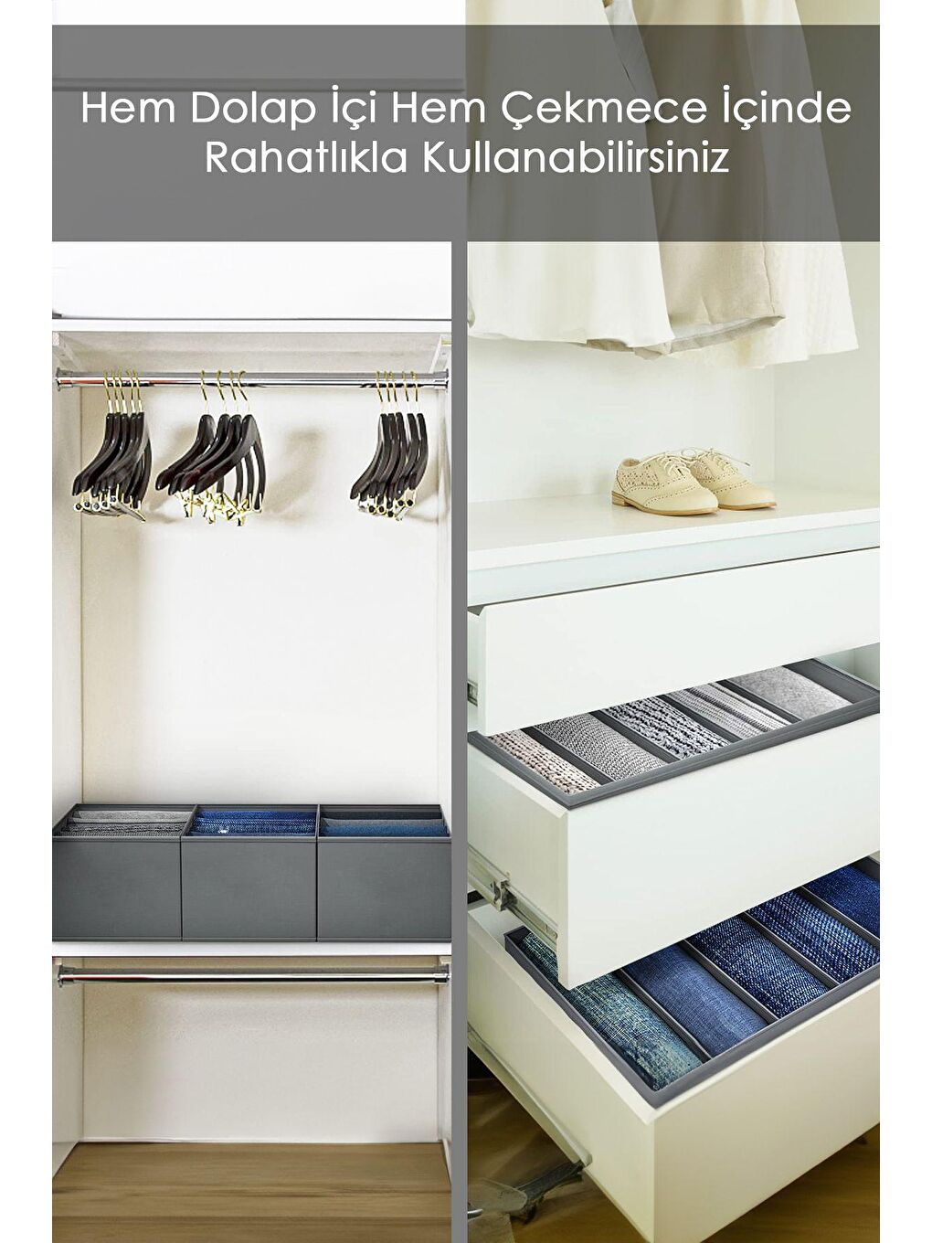 Gri 2 Adet 5 Bölmeli Çekmece İçi Düzenleyici, Dolap Çamaşır Düzenleyici, Saklama Kutusu Organizer-2