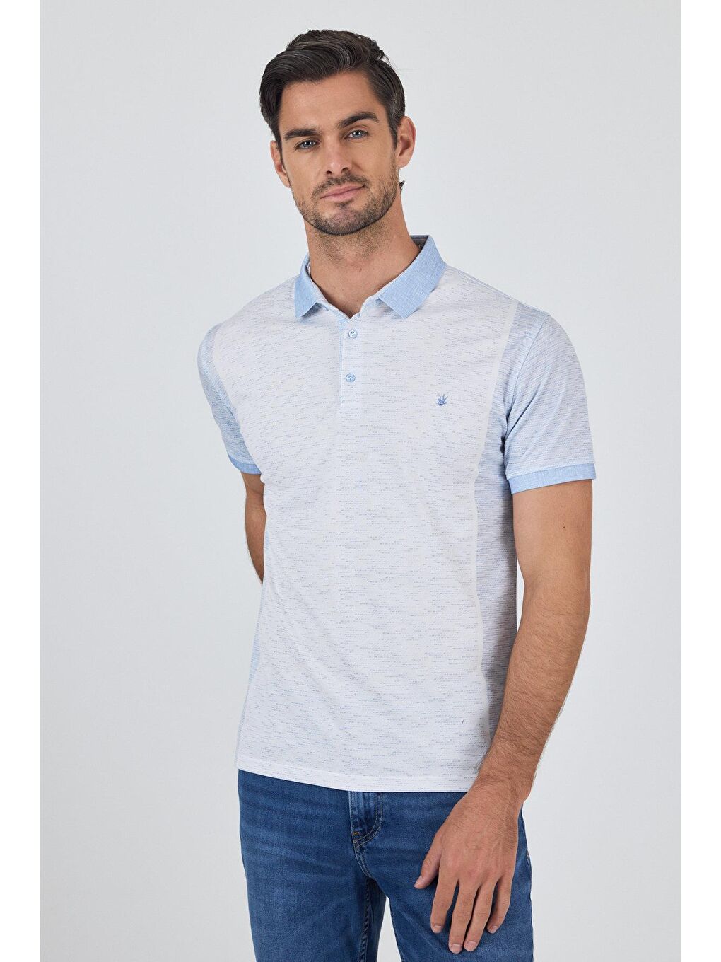 Mavi Kısa Kol Baskılı Pike Polo Yaka Cepsiz Slim Fit Tişört 1011250167-2