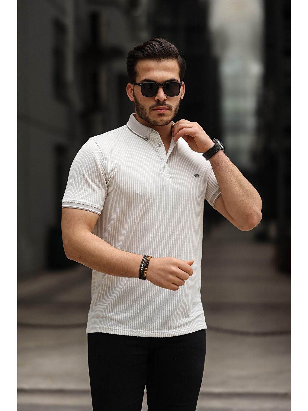 comstar Krem Erkek Kıvrılmaz Polo Yaka  Slim Fit Çizgili T-Shirt