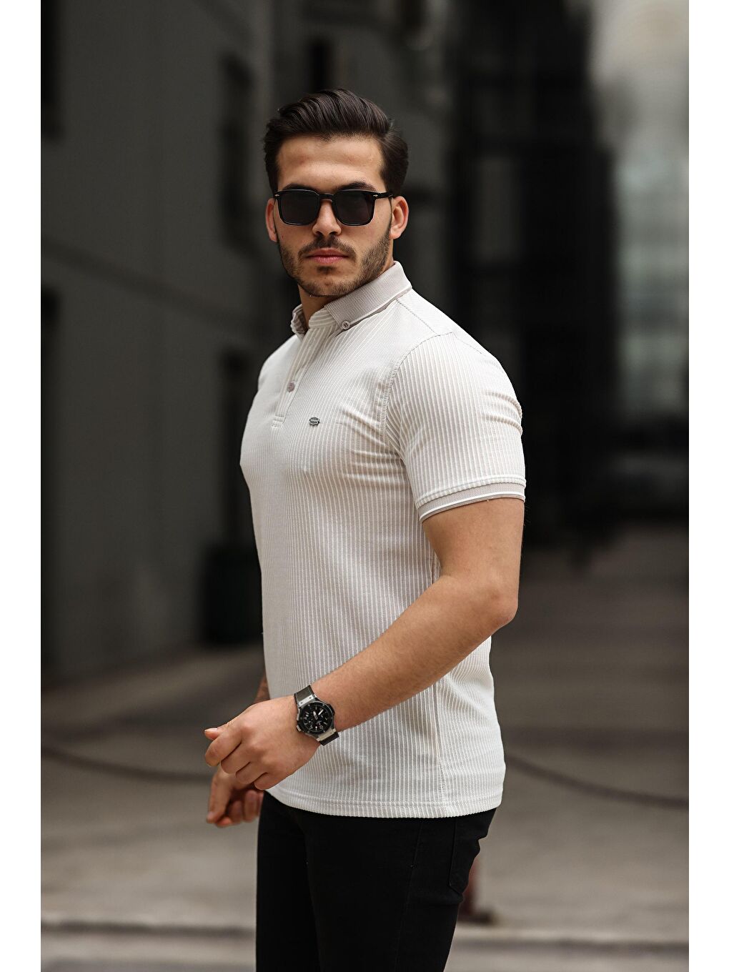 comstar Krem Erkek Kıvrılmaz Polo Yaka  Slim Fit Çizgili T-Shirt - 2