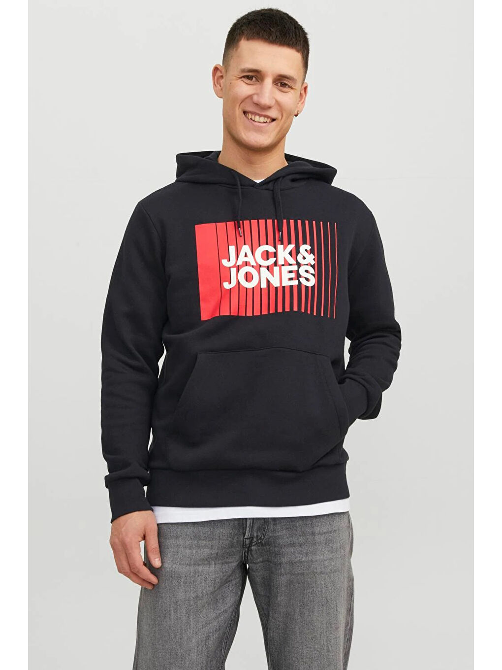 Jack & Jones Siyah-Kırmızı Essentials Jjecorp Regular Fit Kapüşonlu Sweat 1223 3599