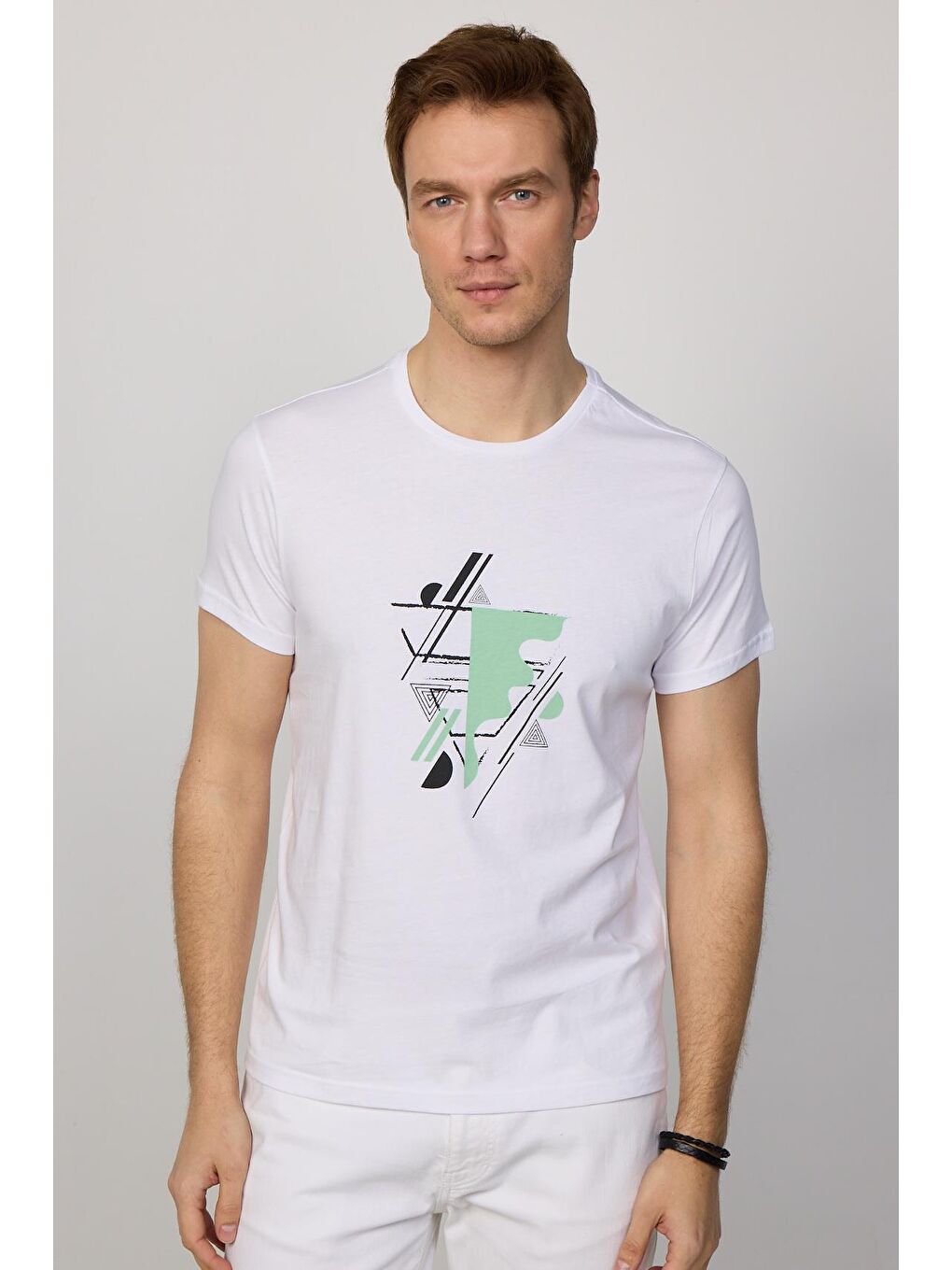 Erkek Slim Fit Dar Kesim %100 Pamuk Yumuşak Dokulu Baskılı Beyaz Bisiklet Yaka Tişört-2