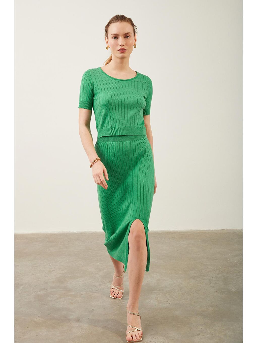 Triko Bluz Etek Yeşil İkili Takım