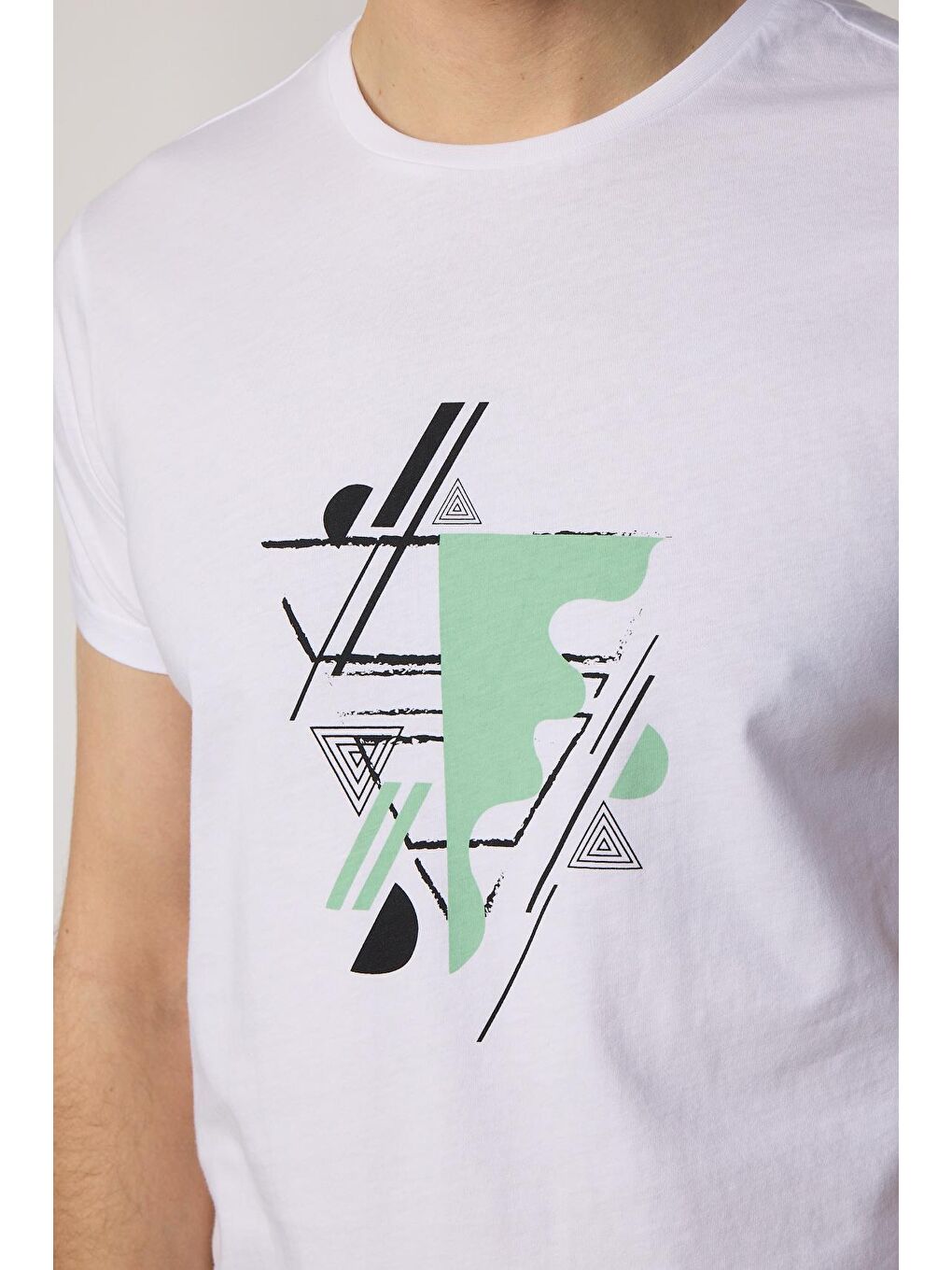 Erkek Slim Fit Dar Kesim %100 Pamuk Yumuşak Dokulu Baskılı Beyaz Bisiklet Yaka Tişört-3