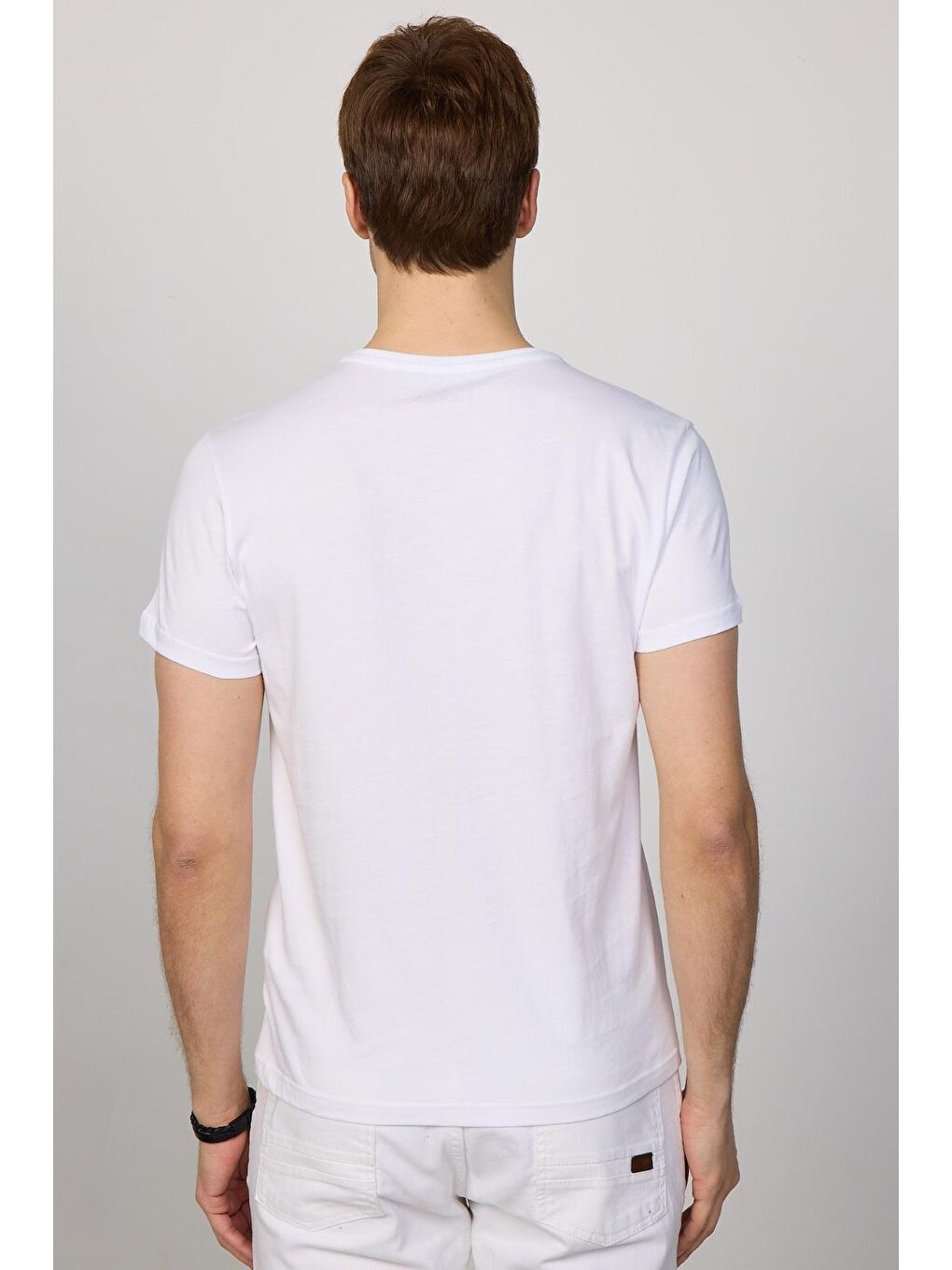 Erkek Slim Fit Dar Kesim %100 Pamuk Yumuşak Dokulu Baskılı Beyaz Bisiklet Yaka Tişört-4