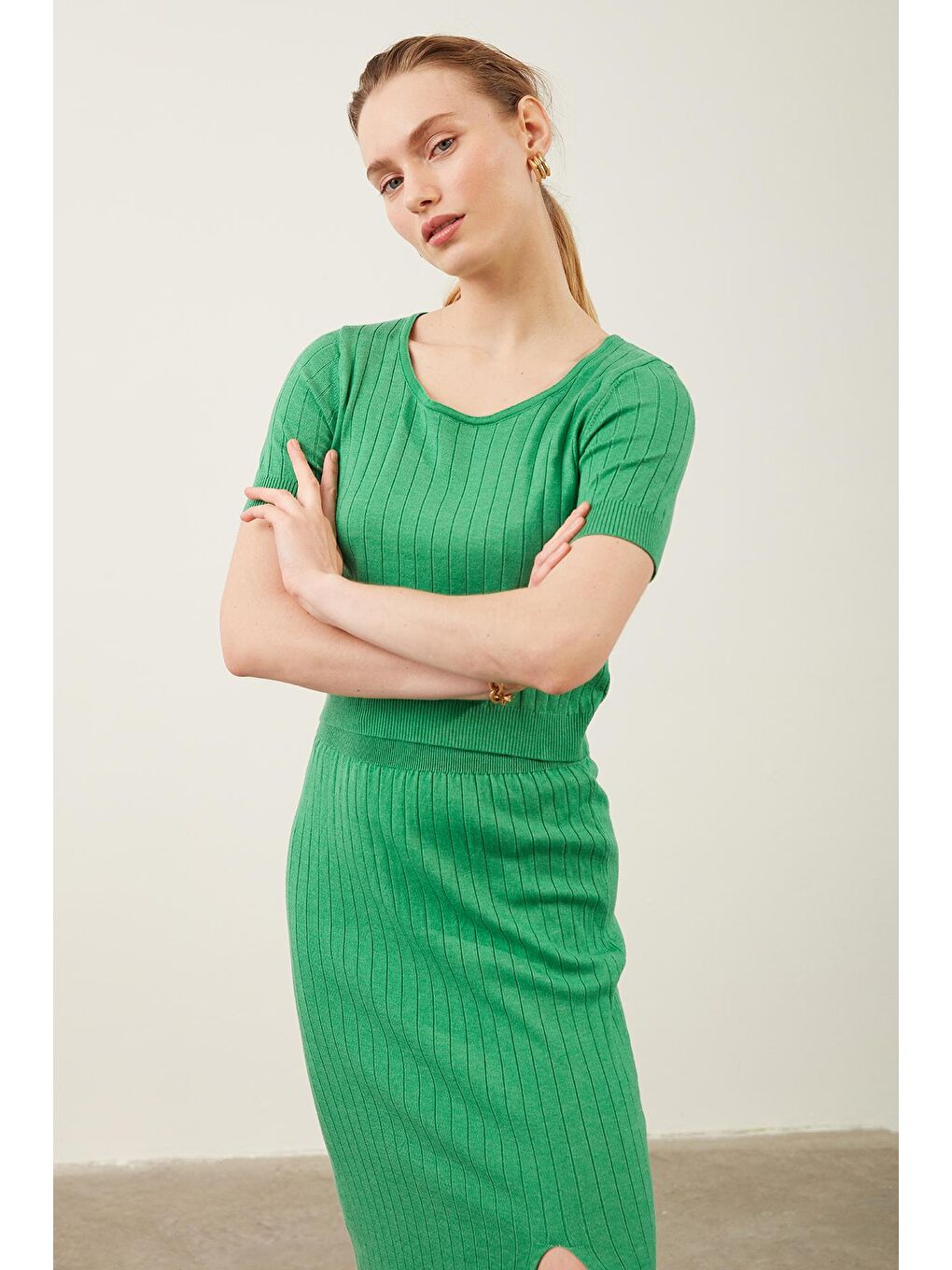 Triko Bluz Etek Yeşil İkili Takım-3