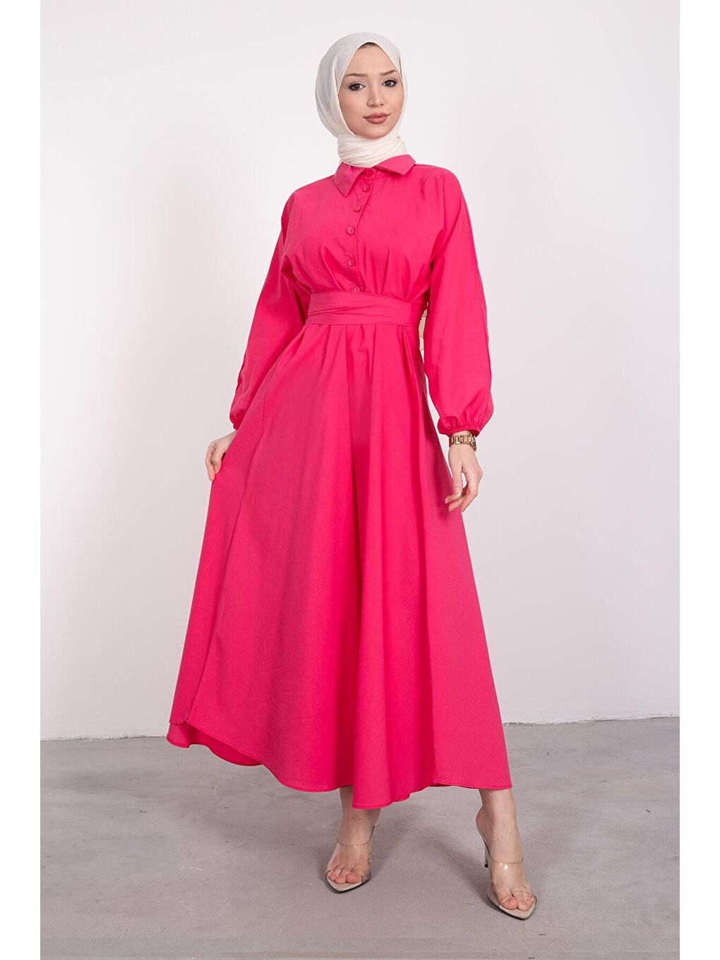 Fuşya Gömlek Yaka Düğmeli Kloş Tesettür Kadın Elbise