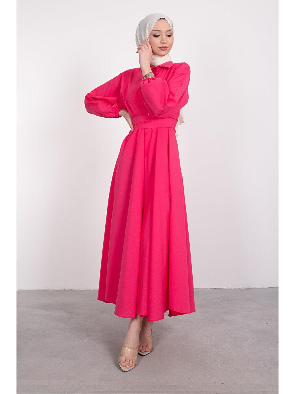 Fuşya Gömlek Yaka Düğmeli Kloş Tesettür Kadın Elbise-1