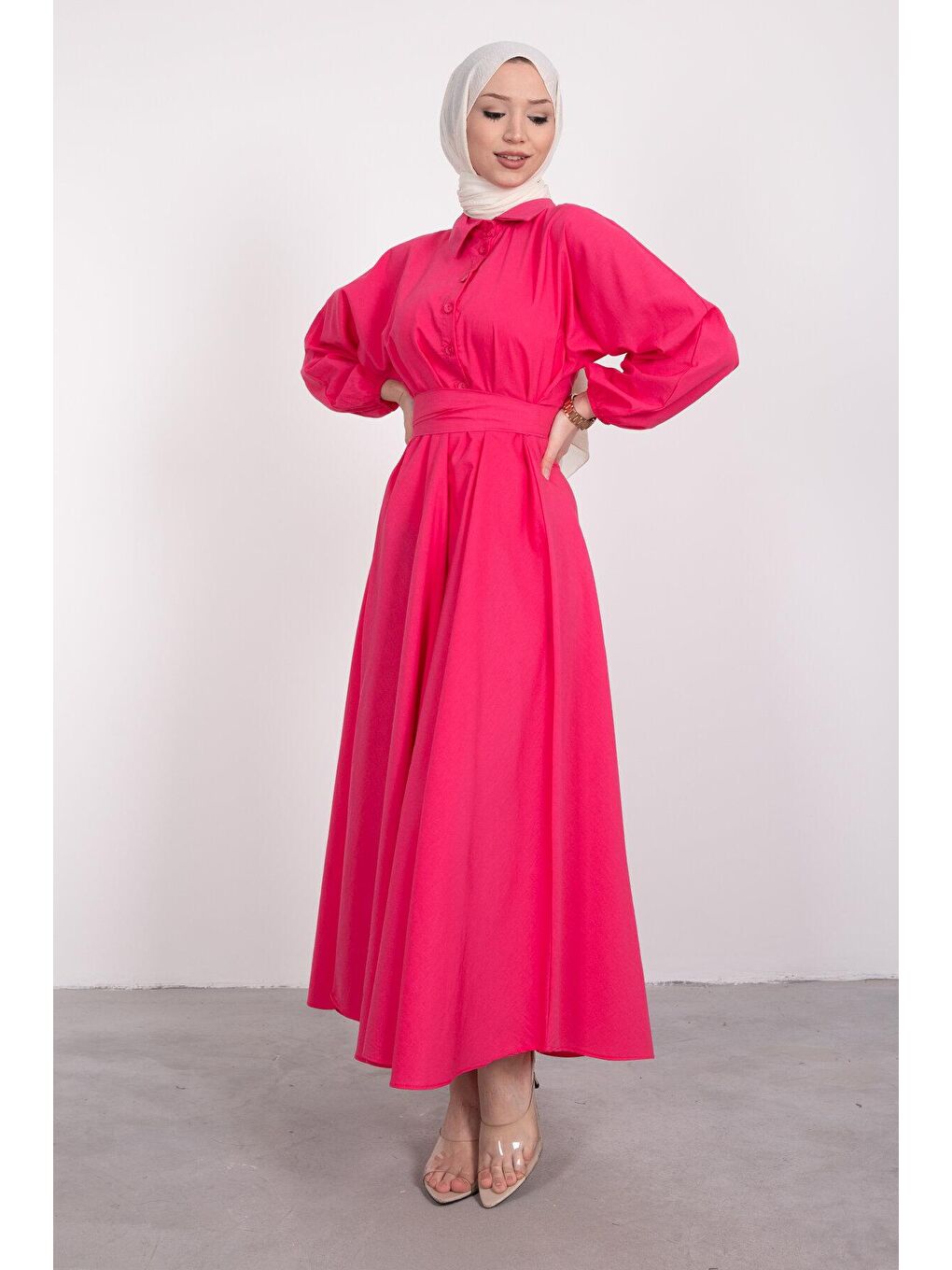 Fuşya Gömlek Yaka Düğmeli Kloş Tesettür Kadın Elbise-2