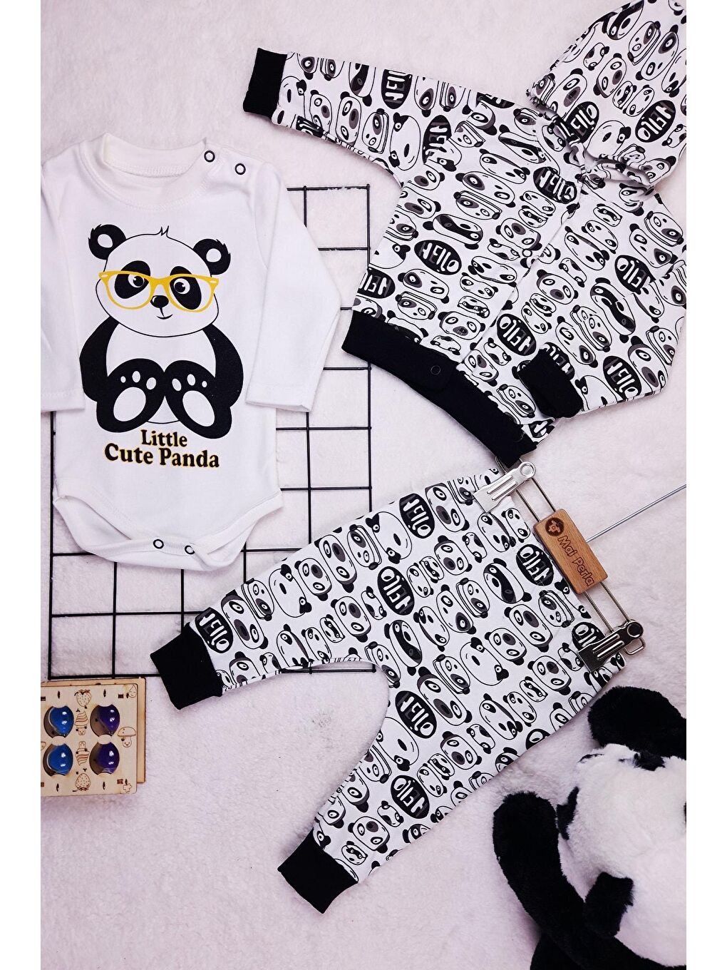 Beyaz Panda Desenli 3'lü Unisex Bebek Takım