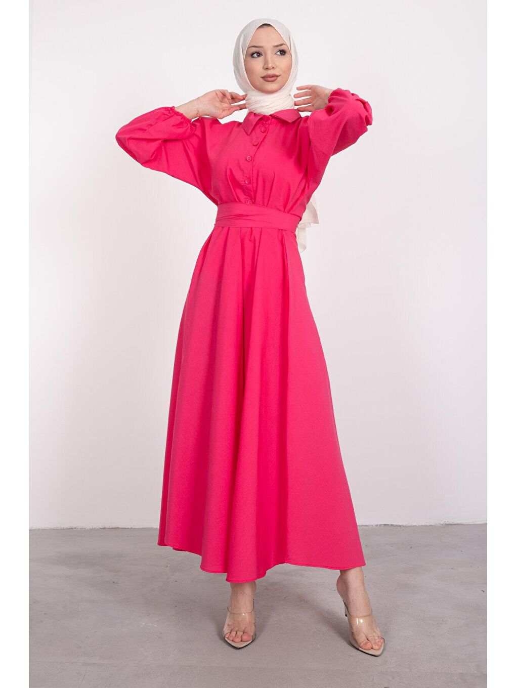 Fuşya Gömlek Yaka Düğmeli Kloş Tesettür Kadın Elbise-3