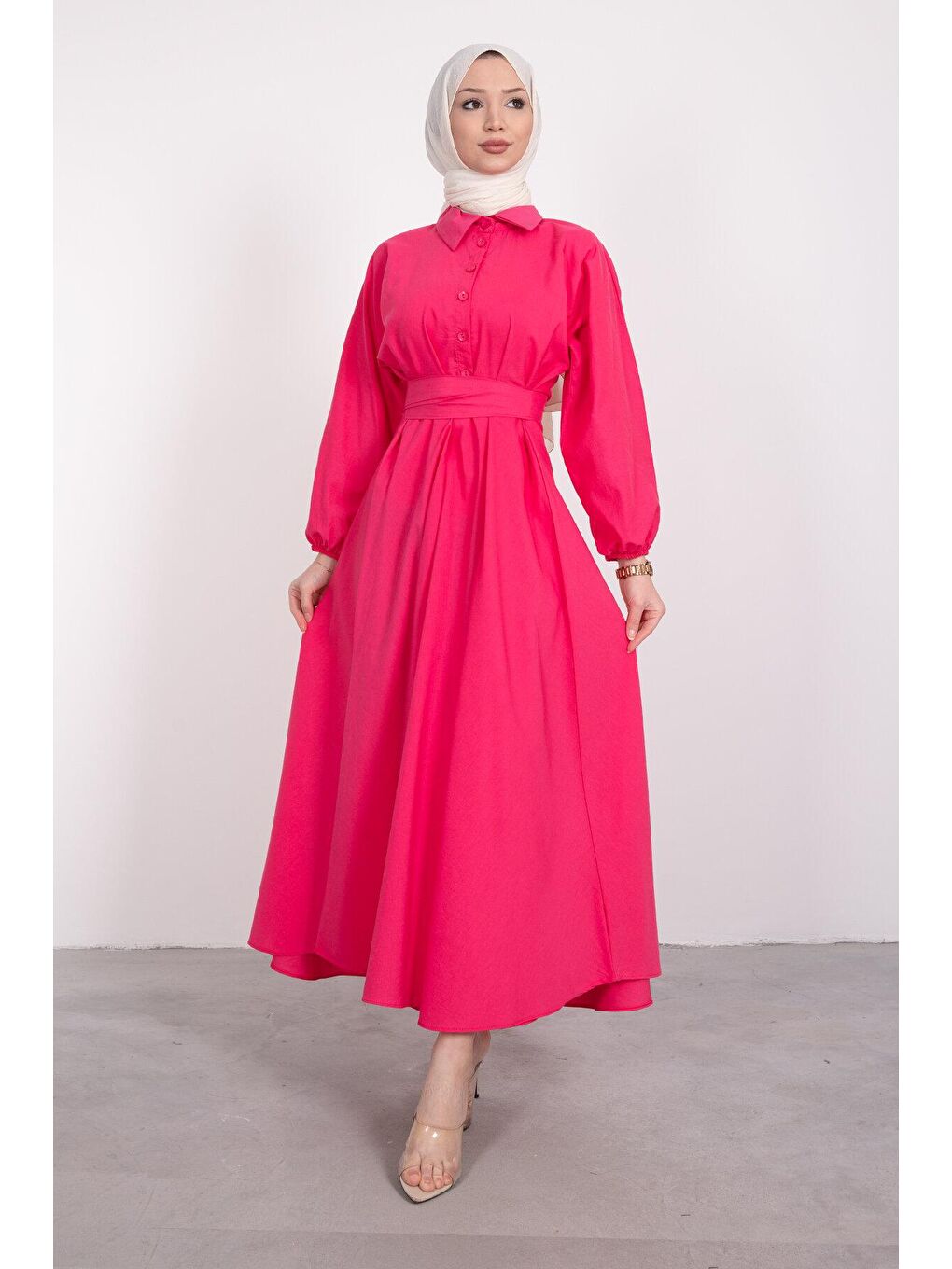Fuşya Gömlek Yaka Düğmeli Kloş Tesettür Kadın Elbise-4