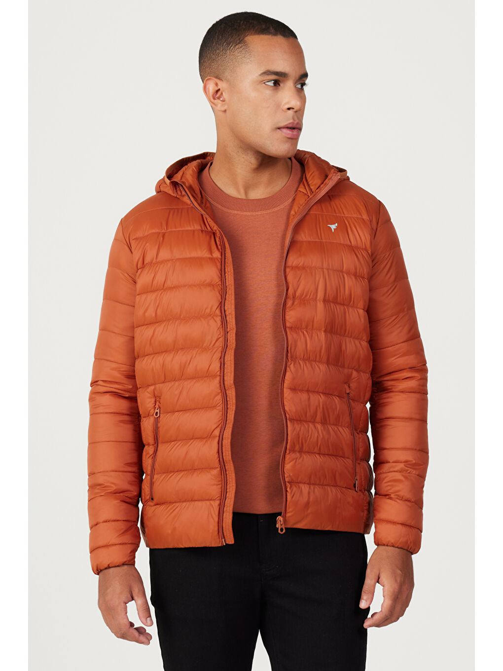 Kahverengi Erkek Kiremit Standart Fit Normal Kesim Kapüşonlu Mont-1