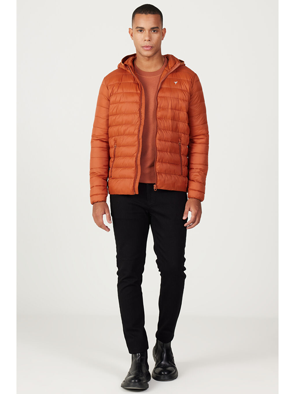 Kahverengi Erkek Kiremit Standart Fit Normal Kesim Kapüşonlu Mont-3