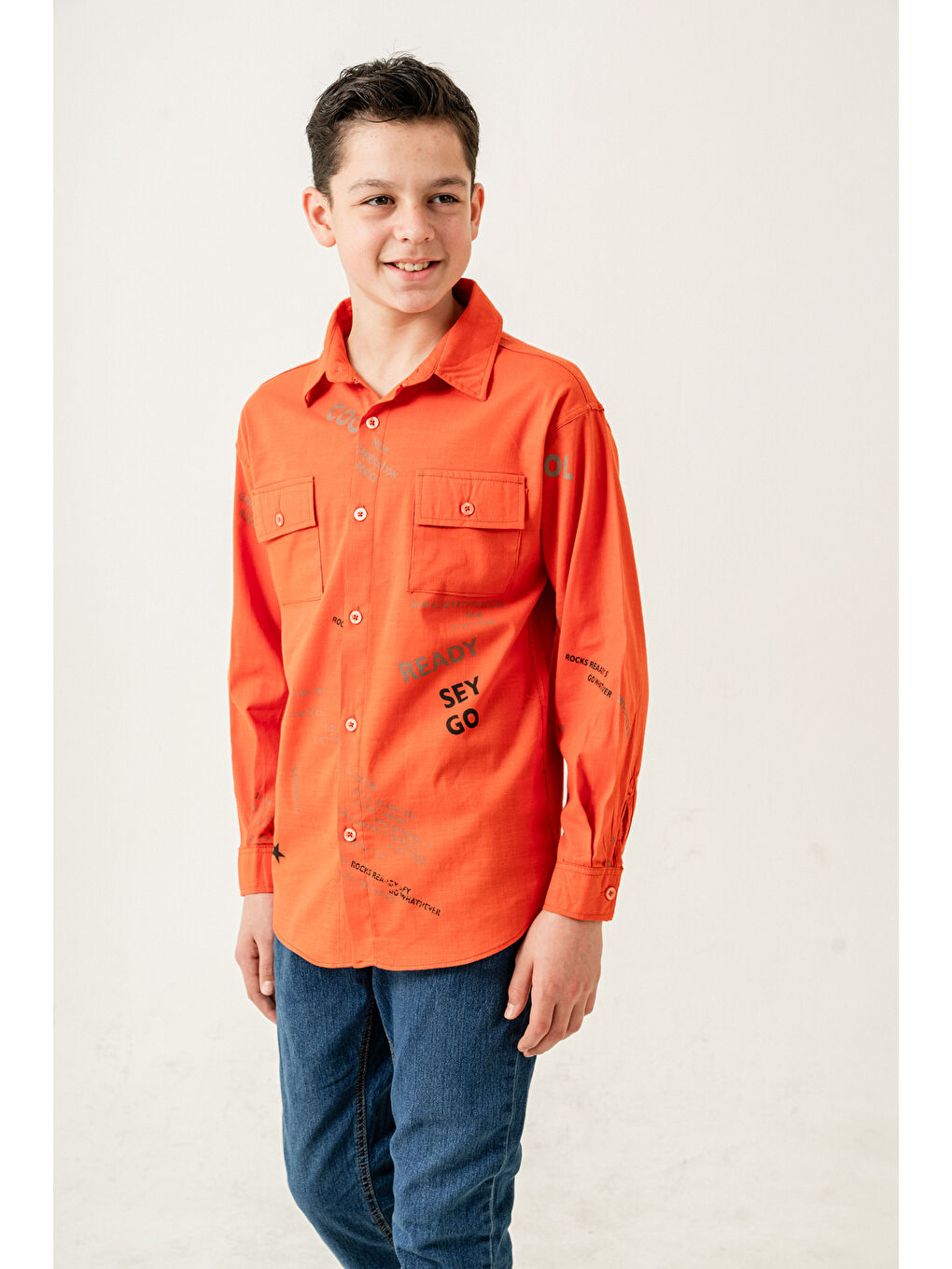 Turuncu Erkek Çocuk Çift Cepli Keten Gömlek P1098-1