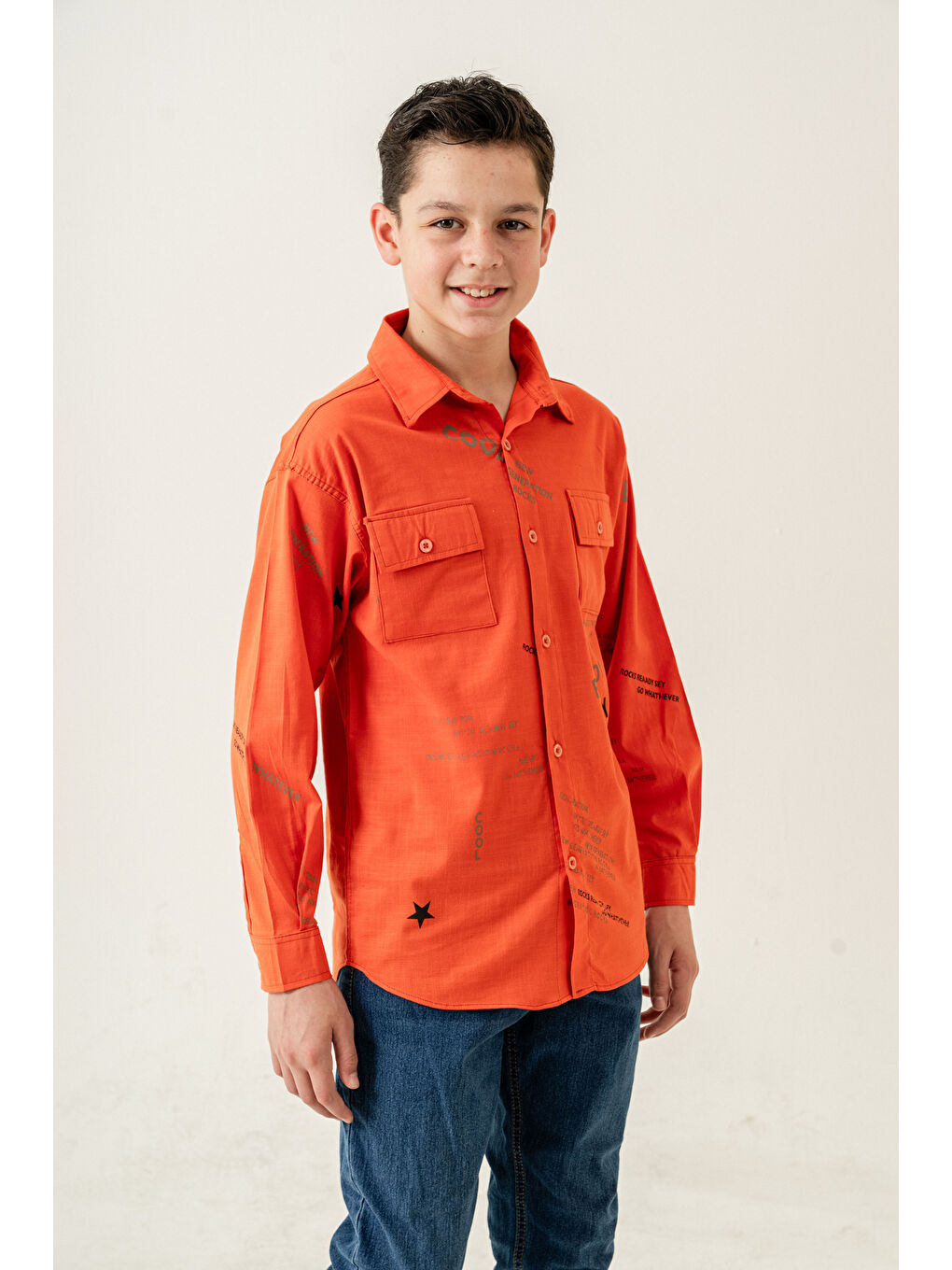 Turuncu Erkek Çocuk Çift Cepli Keten Gömlek P1098-2
