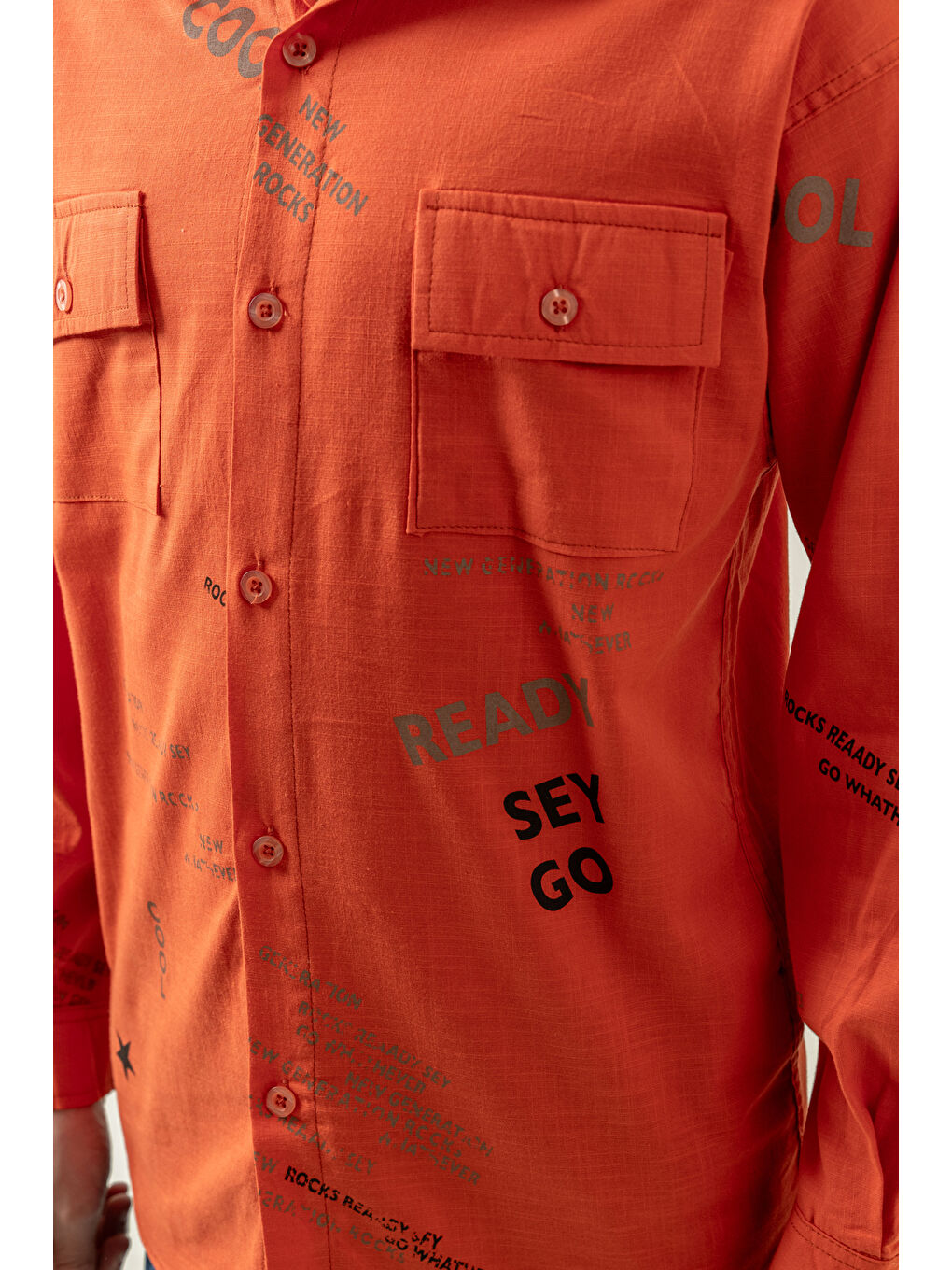 Turuncu Erkek Çocuk Çift Cepli Keten Gömlek P1098-3