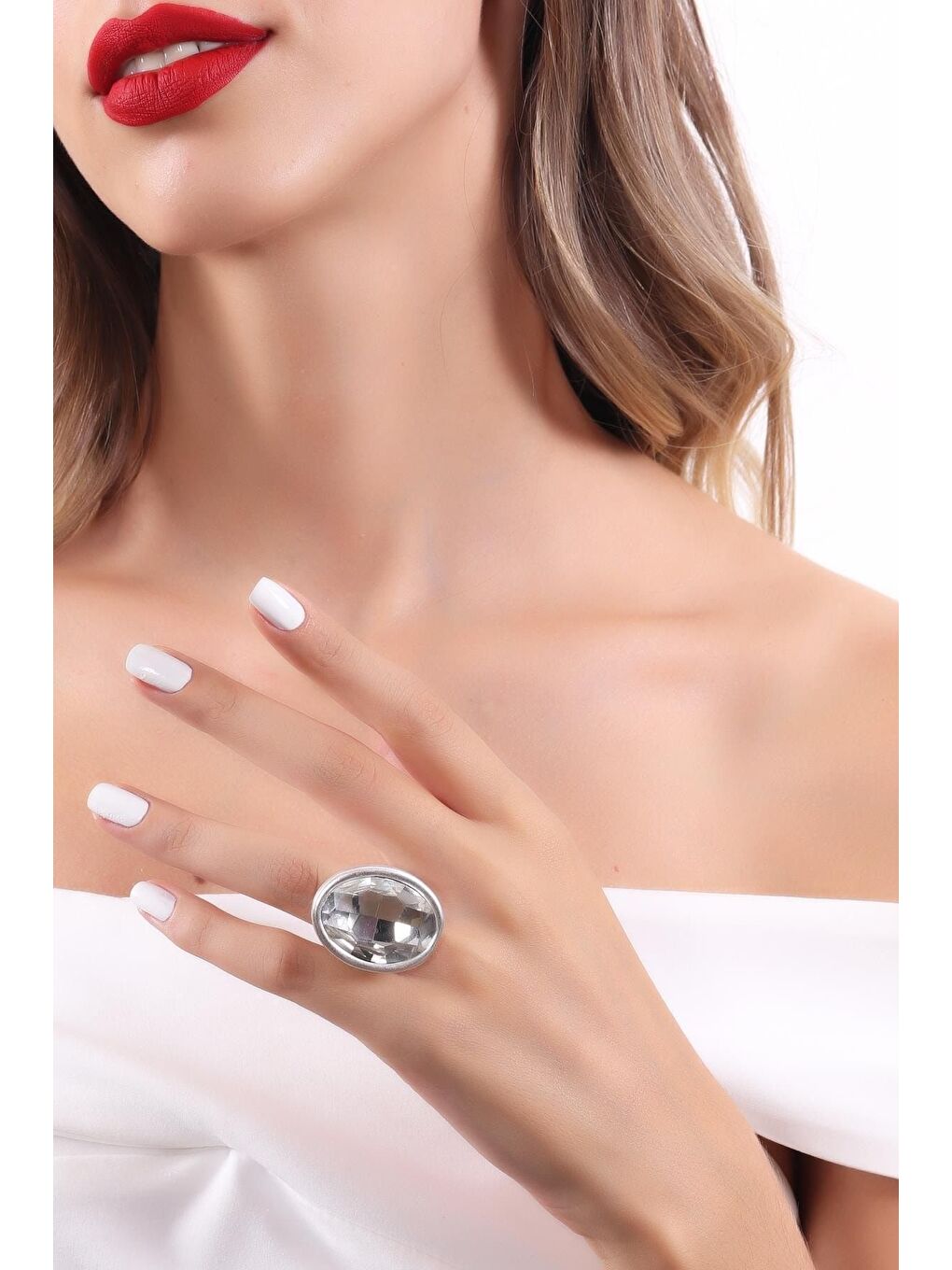 Beyaz Kadın Antik Gümüş Kaplama Taşlı Hürrem Yüzük-3